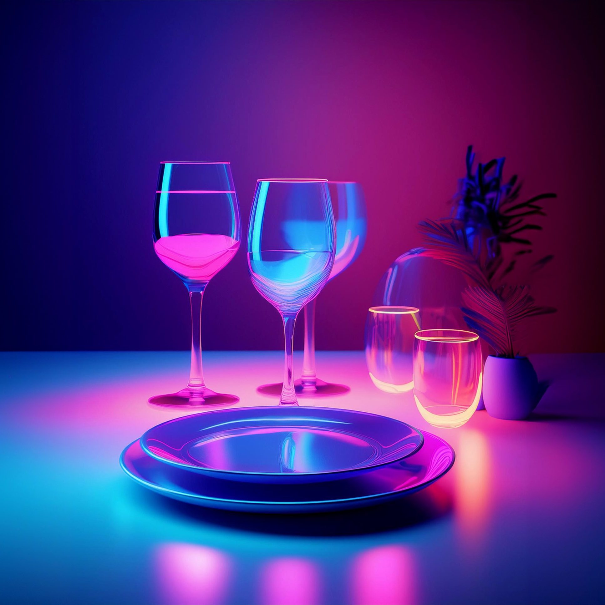 Realistic photography of a party table with glasses andplate in a neon iridecent party style